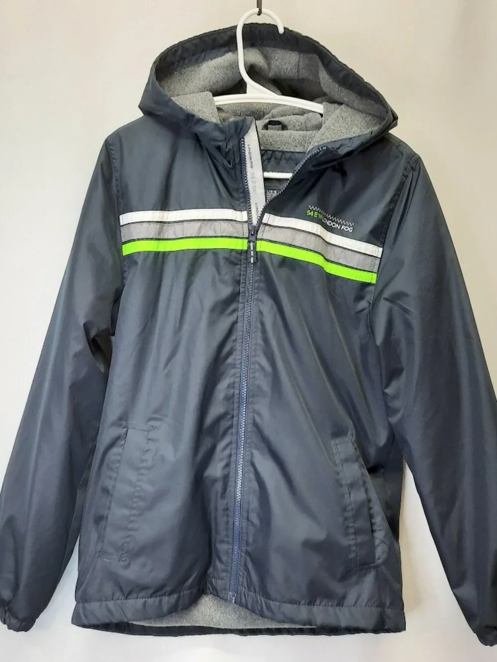 London Fog Boys Hooded Jacket Size L 14/16 Navy Blue Fleece Lined Full Zip Coat - Picture 1 of 11